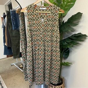 💚 Sleeveless Olive Geo Print Linen Blend Dress Size L | Sonoma